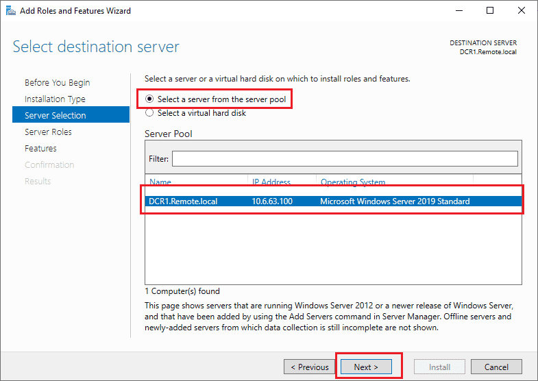 Selecting the installation’s destination server