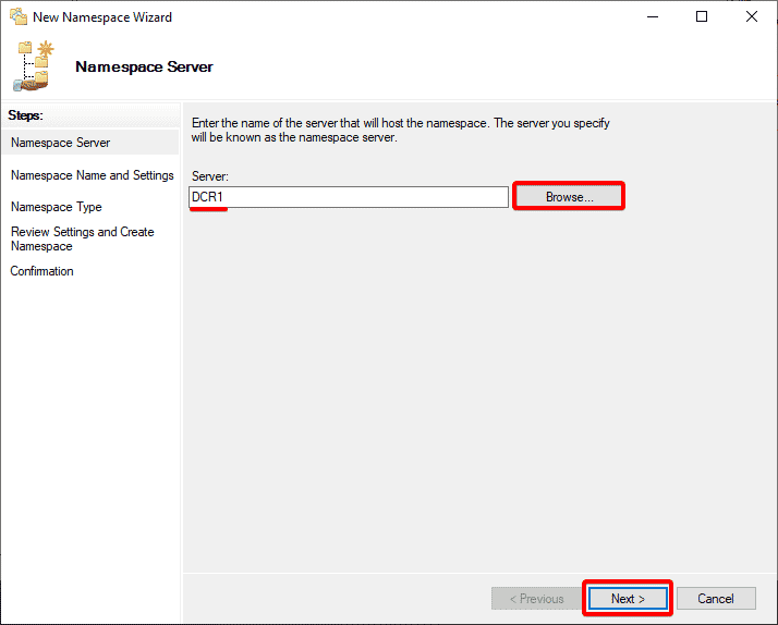 Specifying the server to host the DFS namespace