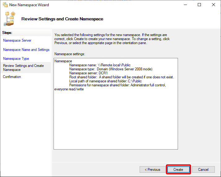 Creating the namespace against the selected settings