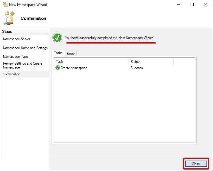 Closing the wizard after successful namespace creation