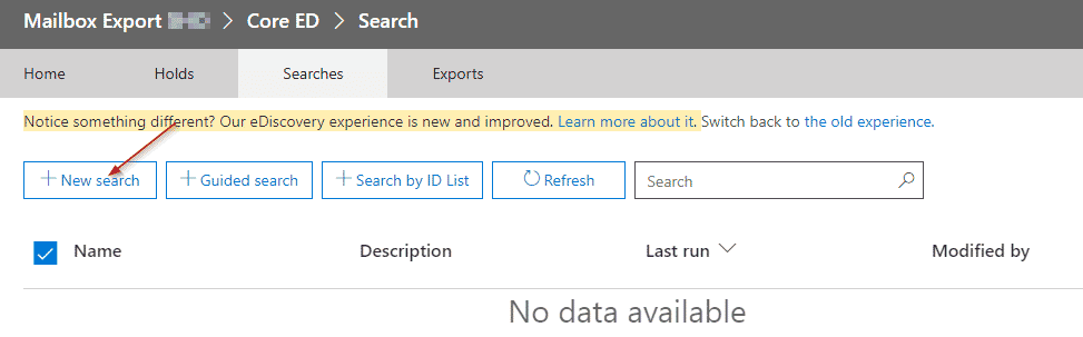 Creating a new eDiscovery Search