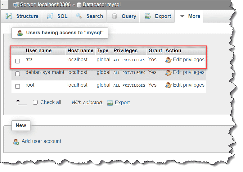 Viewing the list of users with database privileges