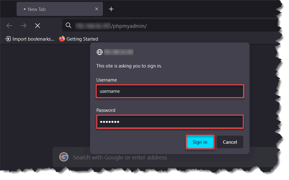 The phpMyAdmin site prompting for username and password