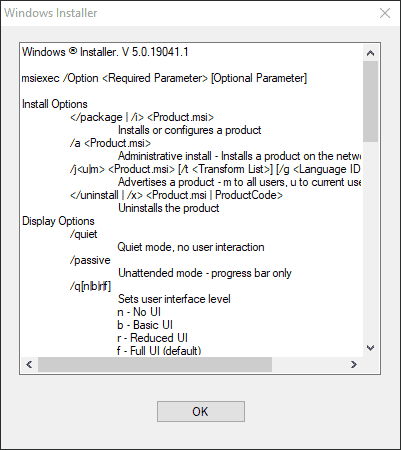 Windows Installer Argument List