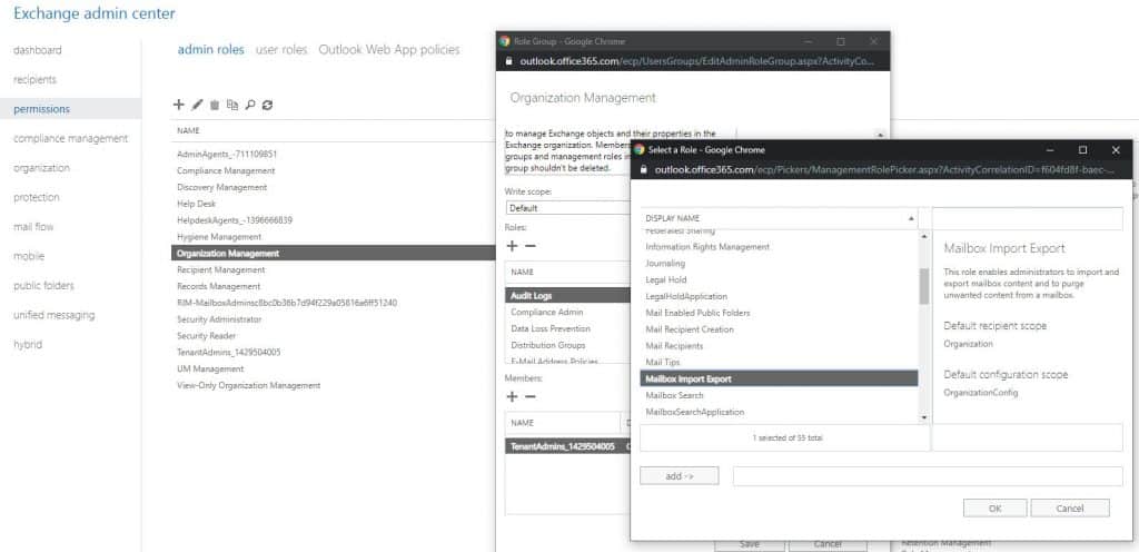 Assign mail import export role in exchange