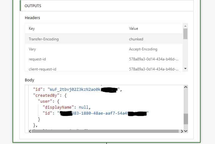 Find output of action in microsoft flow