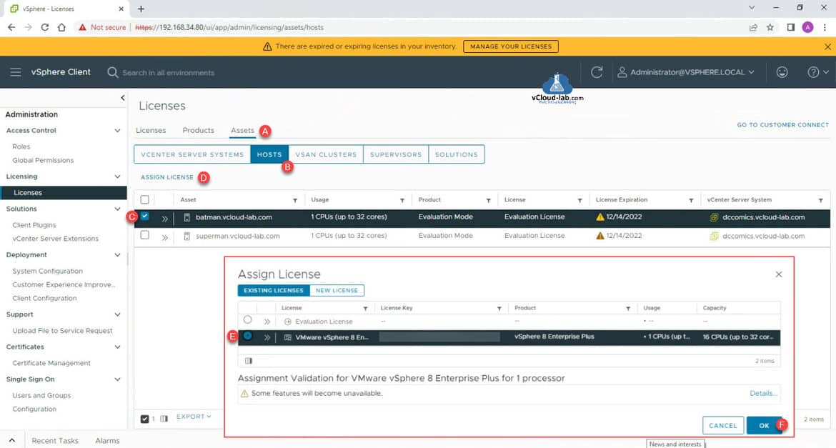 Vmware vsphere vCenter server vcsa assign license existing new license evaluation email free license validation enterprise plus features unavailable standard vsan cluster system supervisors solutions.jpg