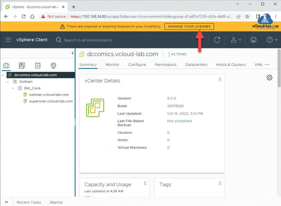 Vmware vSPhere esxi vcenter server vcsa exipired or expiring licenses inventory manage license datacenter cluster action file-based backup clusters hosts virtual machines vm.jpg