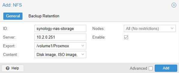 How to Backup Proxmox to a Synology NAS 7 specifying an id, server IP address, then selecting an nfs share in proxmox