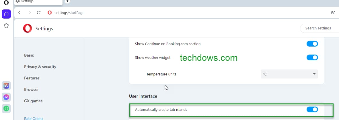 disable tab islands in Opera
