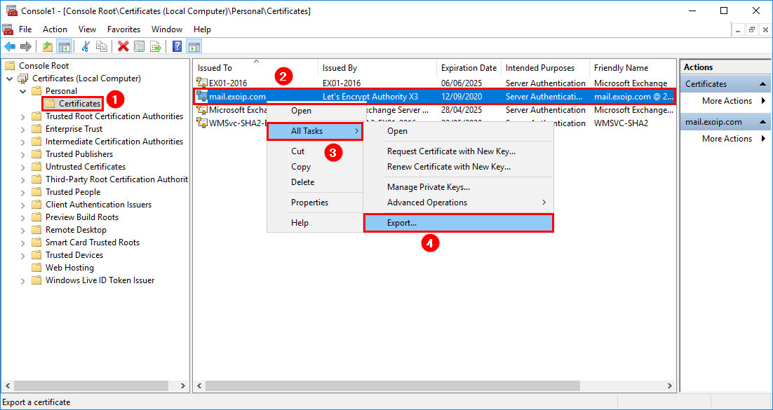 Lets Encrypt export certificate private key export option