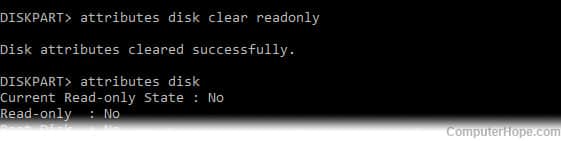Using Windows diskpart to clear the readonly attribute