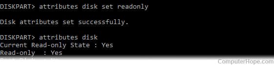 Using Windows diskpart to set the readonly attribute