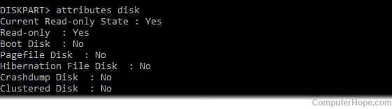 Using Windows diskpart to list disk attributes