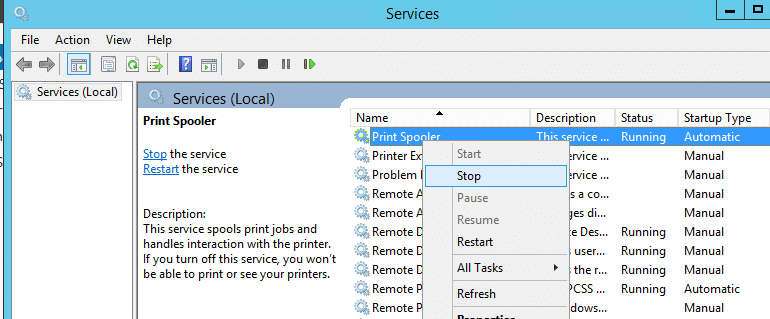 cannot delete print job windows server 2016